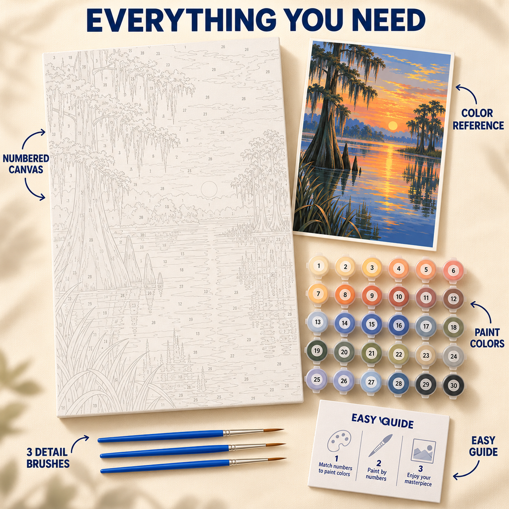 Cypress Sunset paint by numbers kit showing numbered canvas, paint pots, three detail brushes, color reference and painting guide