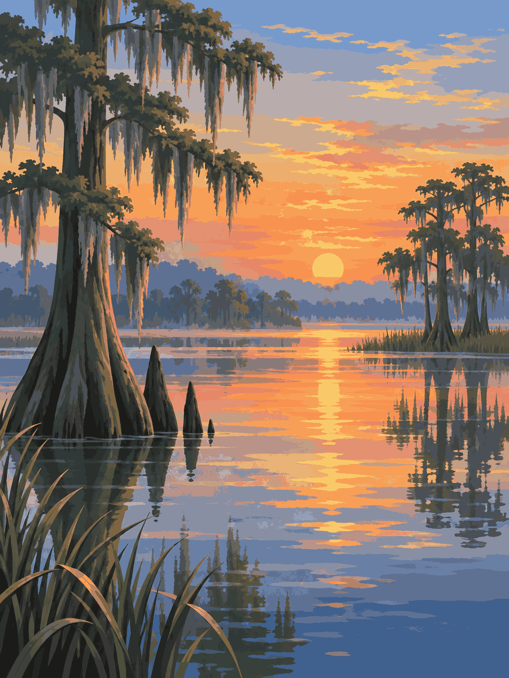 Cypress trees with hanging moss reflected in still wetland water beneath an orange sunset - paint by numbers artwork
