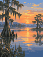 Cypress trees with hanging moss reflected in still wetland water beneath an orange sunset - paint by numbers artwork
