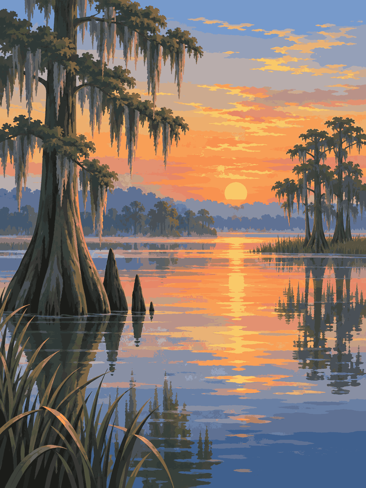 Cypress trees with hanging moss reflected in still wetland water beneath an orange sunset - paint by numbers artwork