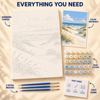 Quiet Dunes paint by numbers kit showing numbered canvas, paint pots, three detail brushes, color reference and painting guide
