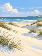 White sand dunes and beach grasses beside gentle waves and a blue coastal horizon - paint by numbers artwork