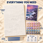 Basalt Twilight paint by numbers kit showing numbered canvas, paint pots, three detail brushes, color reference and painting guide