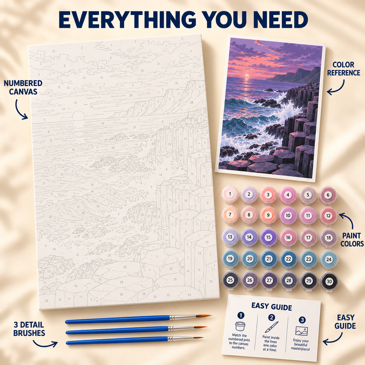 Basalt Twilight paint by numbers kit showing numbered canvas, paint pots, three detail brushes, color reference and painting guide