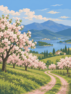 Rows of flowering orchard trees beside a winding dirt path overlooking a lake and distant mountains - paint by numbers artwork