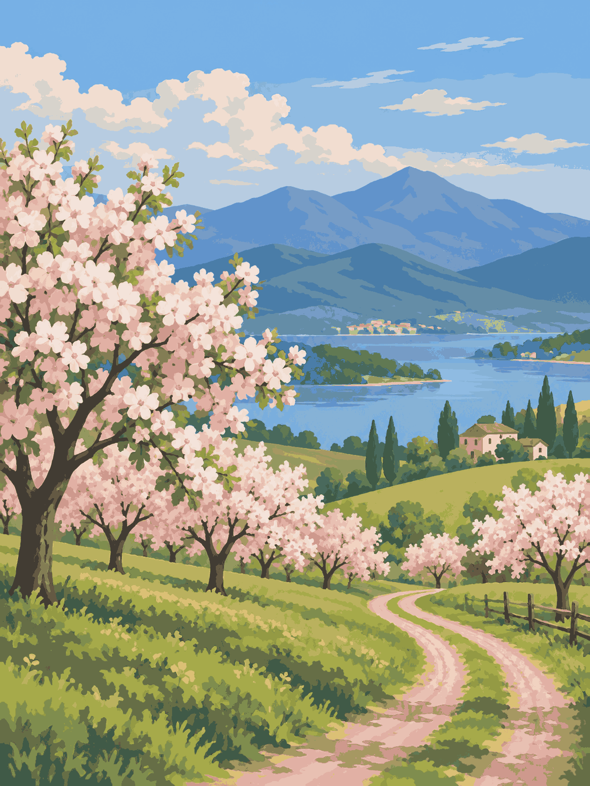 Rows of flowering orchard trees beside a winding dirt path overlooking a lake and distant mountains - paint by numbers artwork