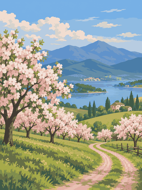 Rows of flowering orchard trees beside a winding dirt path overlooking a lake and distant mountains - paint by numbers artwork