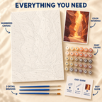 Golden Slot Canyon paint by numbers kit showing numbered canvas, paint pots, three detail brushes, color reference and painting guide