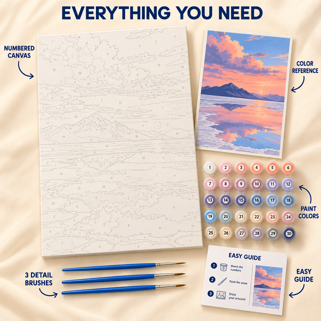Salt Flat Sunset paint by numbers kit showing numbered canvas, paint pots, three detail brushes, color reference and painting guide