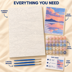 Salt Flat Sunset paint by numbers kit showing numbered canvas, paint pots, three detail brushes, color reference and painting guide