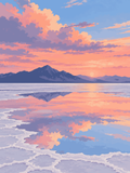 A pink sunset and distant mountains mirrored in shallow water across a patterned salt flat - paint by numbers artwork