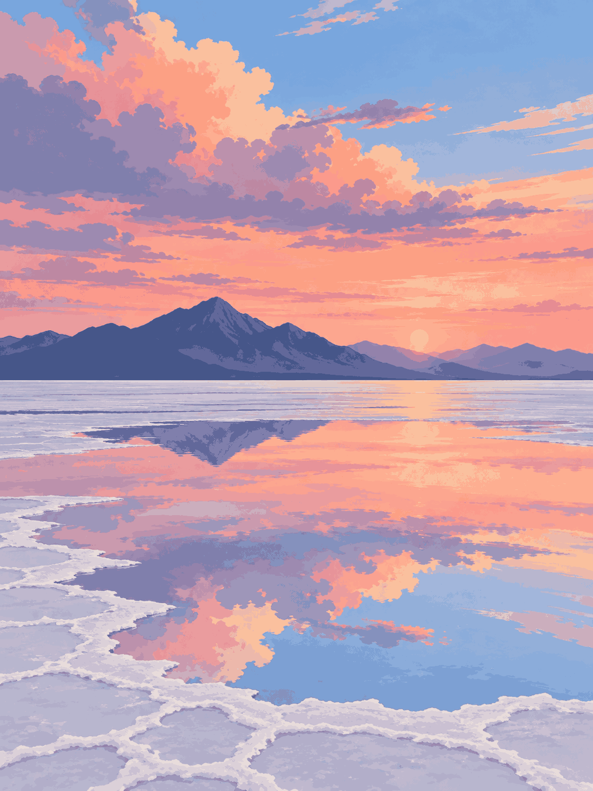 A pink sunset and distant mountains mirrored in shallow water across a patterned salt flat - paint by numbers artwork