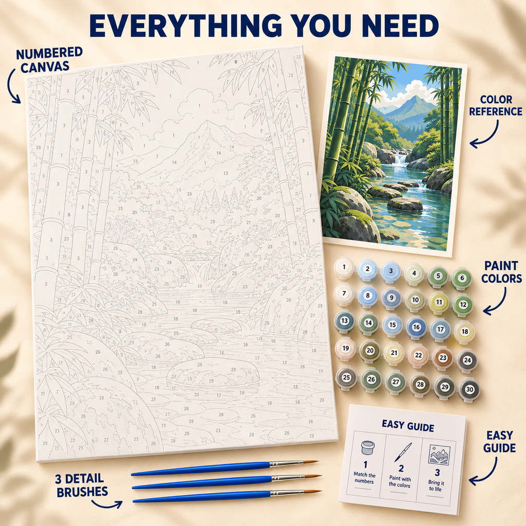 Bamboo River paint by numbers kit showing numbered canvas, paint pots, three detail brushes, color reference and painting guide