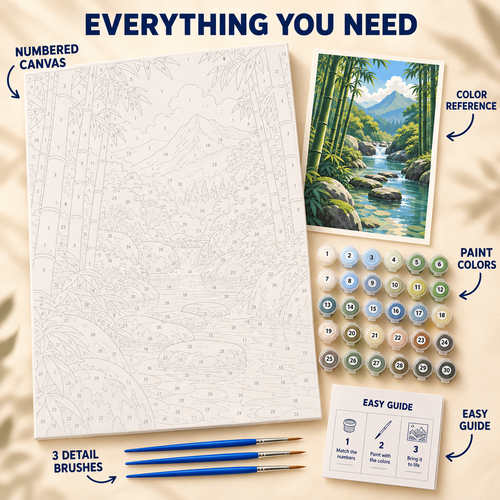 Bamboo River paint by numbers kit showing numbered canvas, paint pots, three detail brushes, color reference and painting guide