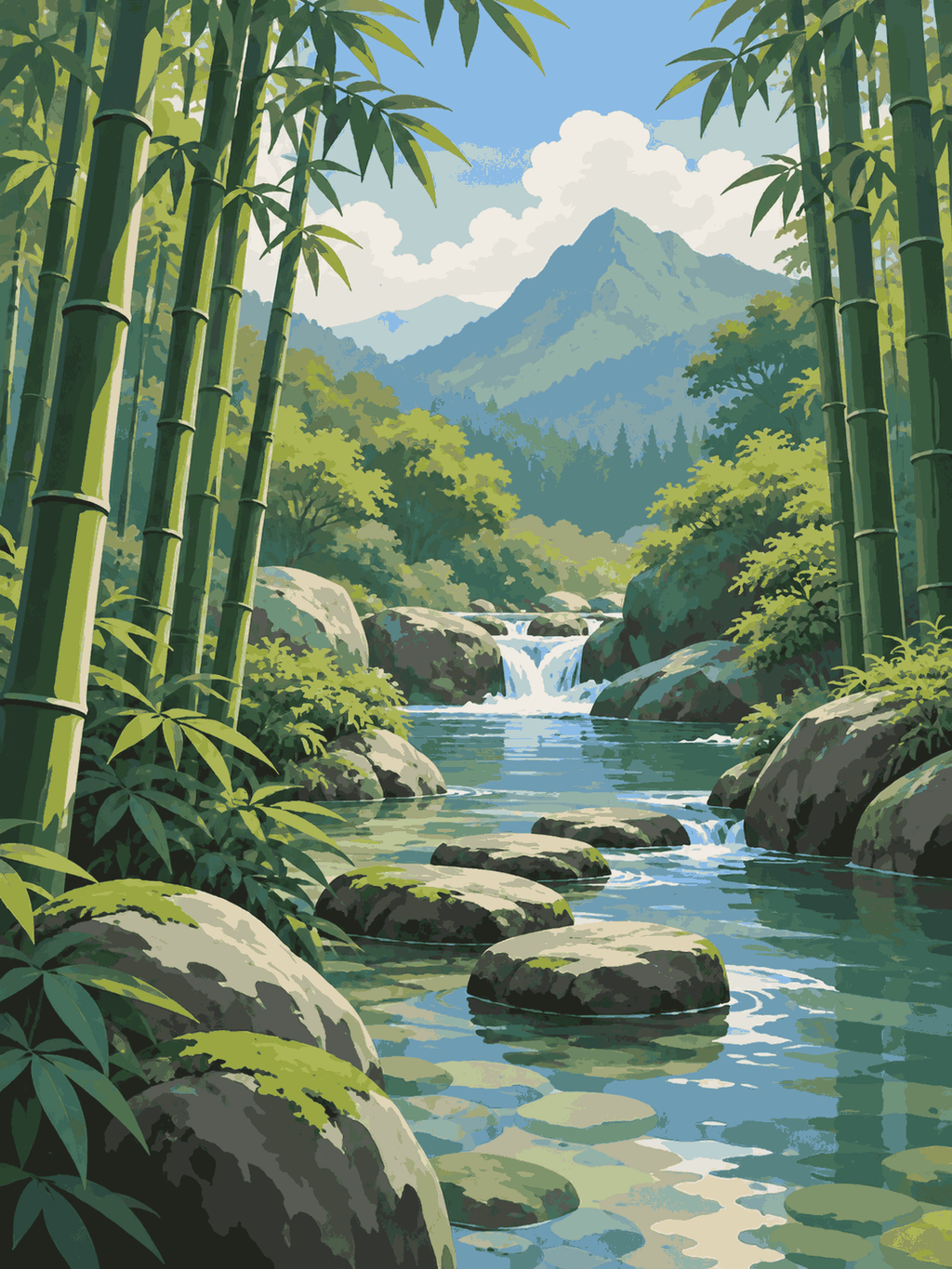 A green bamboo grove framing a rocky river and small waterfall beneath distant mountain peaks - paint by numbers artwork