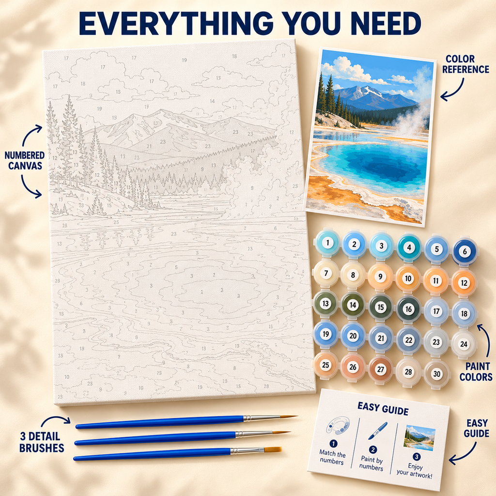 Turquoise Hot Spring paint by numbers kit showing numbered canvas, paint pots, three detail brushes, color reference and painting guide