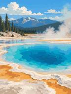 A steaming turquoise hot spring edged with white and orange minerals beside pine forests and distant snowy mountains - paint by numbers artwork