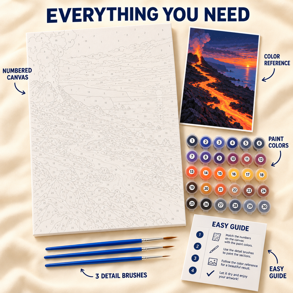 Lava Coast paint by numbers kit showing numbered canvas, paint pots, three detail brushes, color reference and painting guide