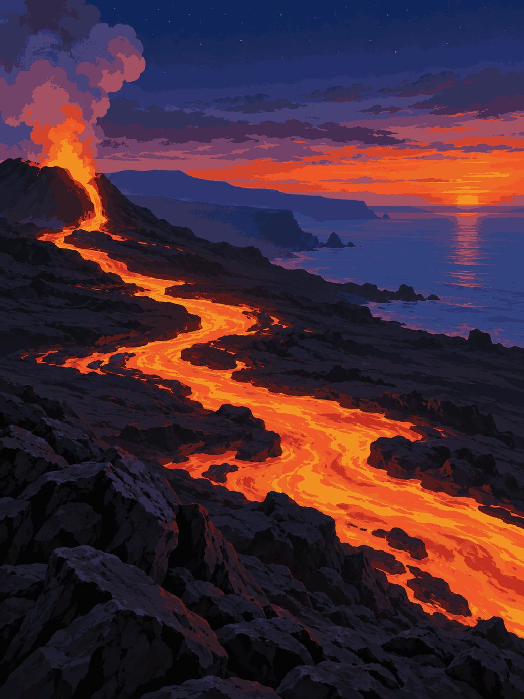 Bright molten lava flowing across dark volcanic rock toward the ocean beneath a red sunset - paint by numbers artwork