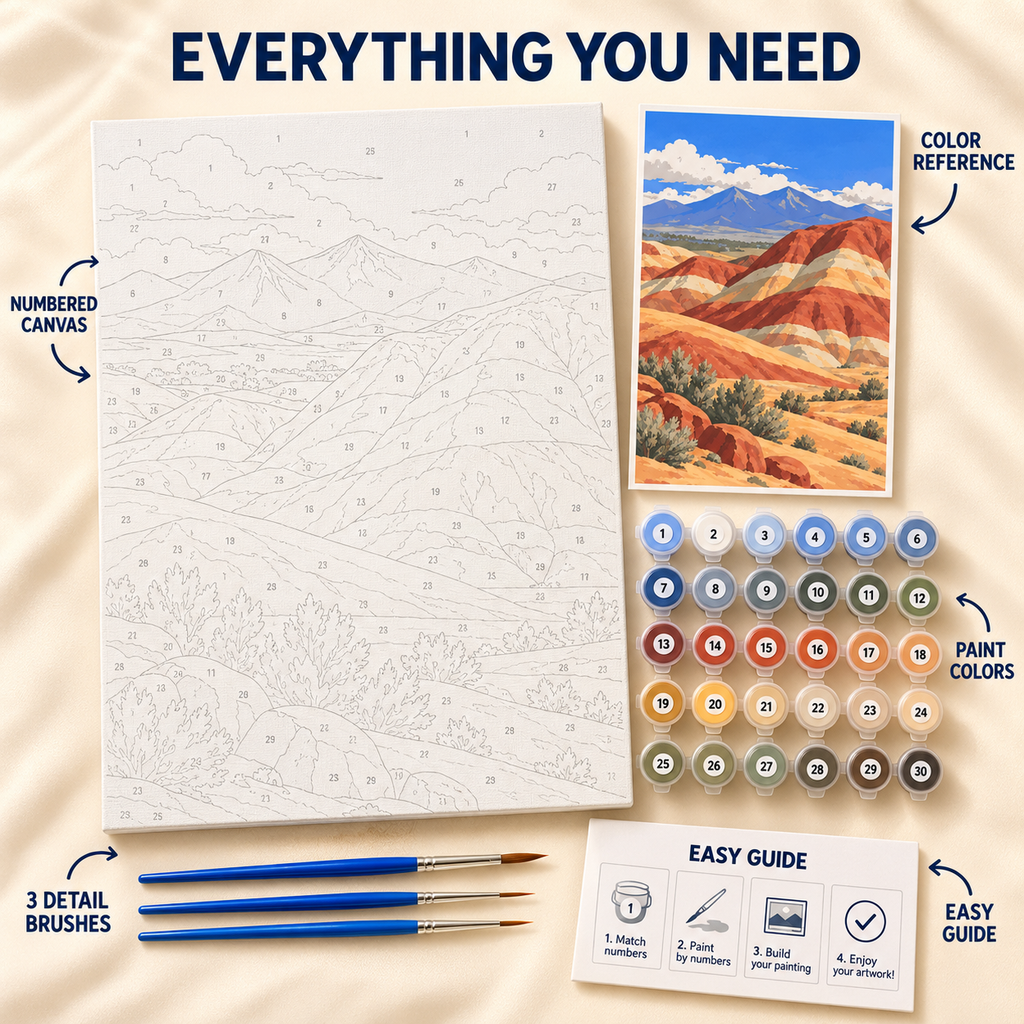 Painted Hills paint by numbers kit showing numbered canvas, paint pots, three detail brushes, color reference and painting guide