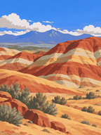 Bands of red, ochre and cream across rolling desert hills beneath distant snow-covered mountains - paint by numbers artwork