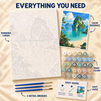 Emerald Karst Bay paint by numbers kit showing numbered canvas, paint pots, three detail brushes, color reference and painting guide