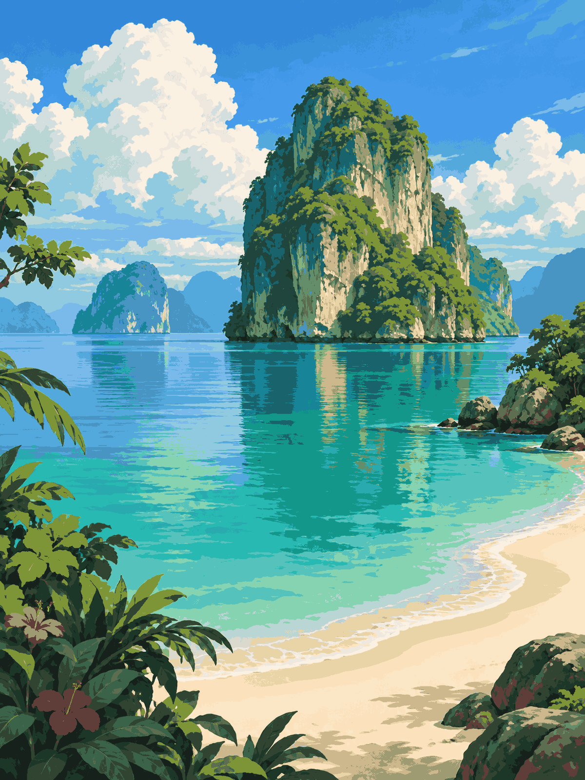 A steep green limestone island rising from calm turquoise water beside a tropical sandy beach - paint by numbers artwork
