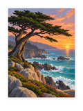 A windswept pine above a rocky coastline and colorful flowers at sunset - coastal paint by numbers artwork
