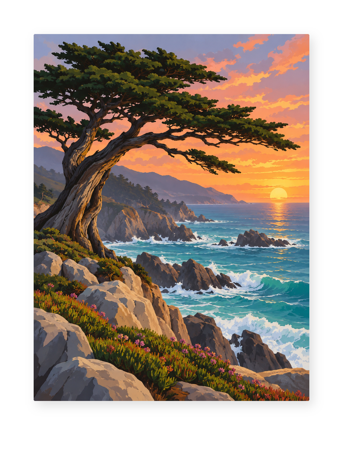 A windswept pine above a rocky coastline and colorful flowers at sunset - coastal paint by numbers artwork