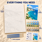 Turquoise Cliffs paint by numbers kit showing numbered canvas, paint pots, three brushes, color reference and painting guide