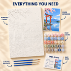 Fuji Torii paint by numbers kit showing numbered canvas, paint pots, three brushes, color reference and painting guide