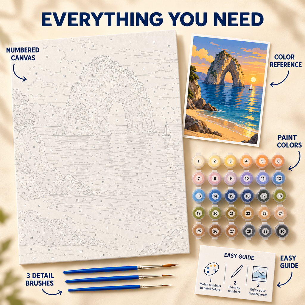 Sunset Sea Arch paint by numbers kit showing numbered canvas, paint pots, three brushes, color reference and painting guide