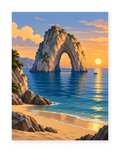 A towering coastal rock arch above a sandy beach at sunset - coastal paint by numbers artwork