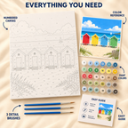 Colorful Beach Huts paint by numbers kit showing numbered canvas, paint pots, three brushes, color reference and painting guide