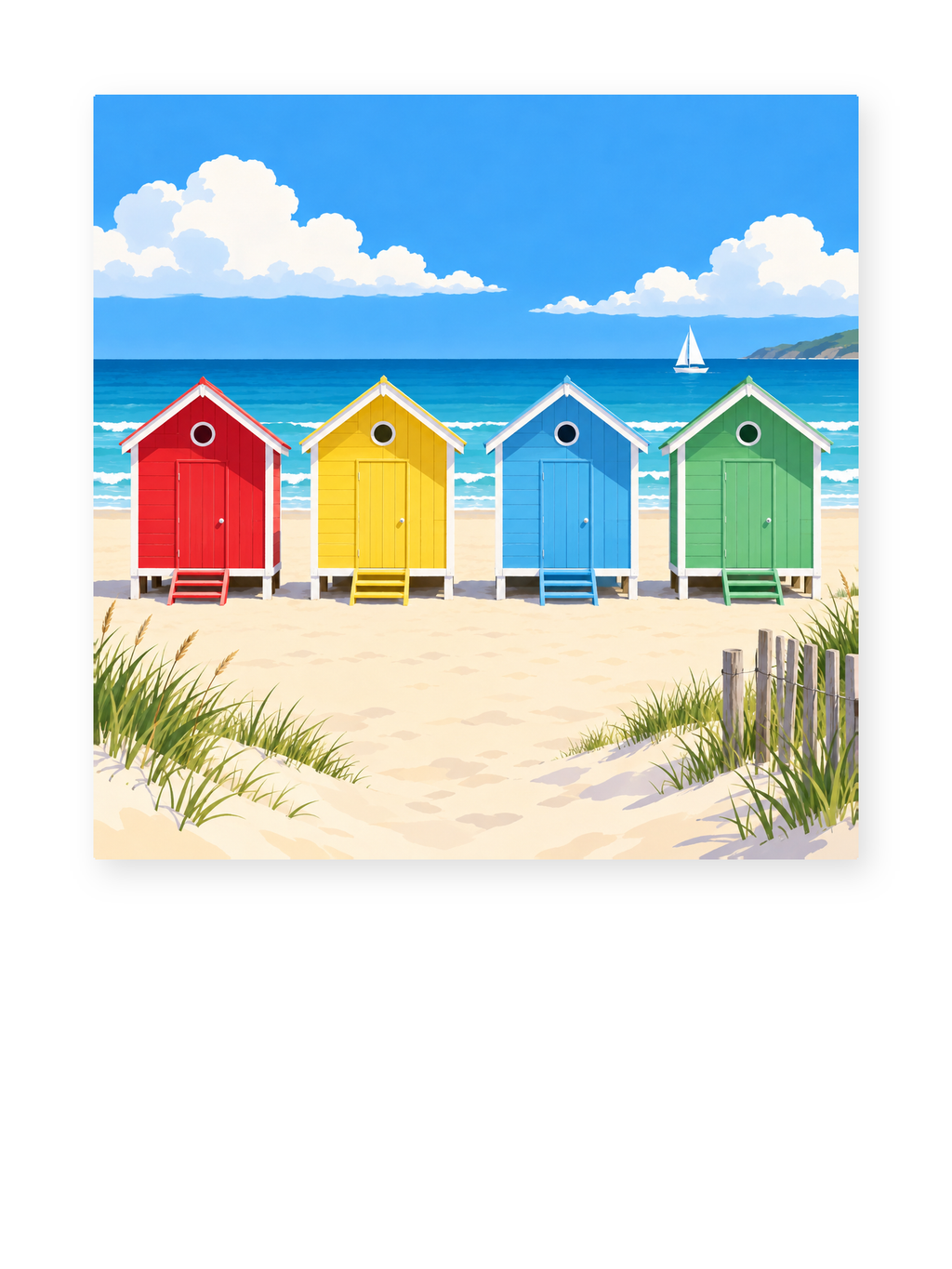 Four colorful beach huts beside white sand and a bright blue sea - coastal paint by numbers artwork