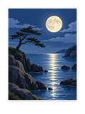 Moonlight reflecting across a rocky cove beneath a pine tree - coastal paint by numbers artwork
