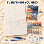 Stormy Beach paint by numbers kit showing numbered canvas, paint pots, three brushes, color reference and painting guide