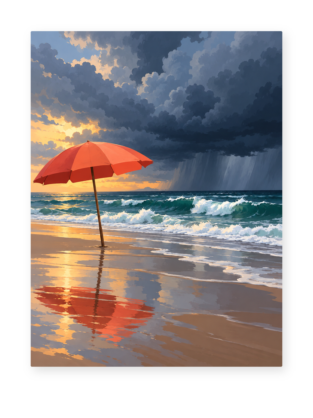 A red beach umbrella reflected in wet sand beneath dramatic storm clouds - coastal paint by numbers artwork
