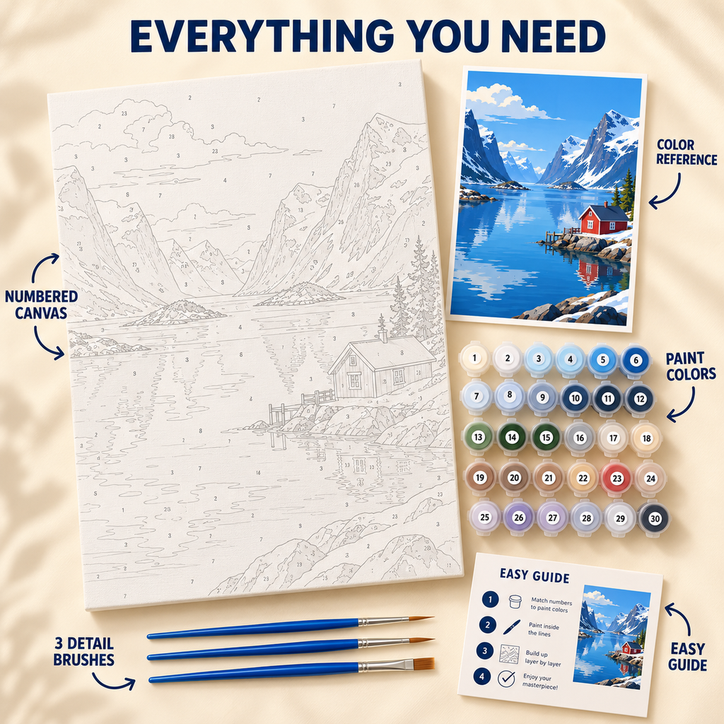 Nordic Fjord paint by numbers kit showing numbered canvas, paint pots, three brushes, color reference and painting guide
