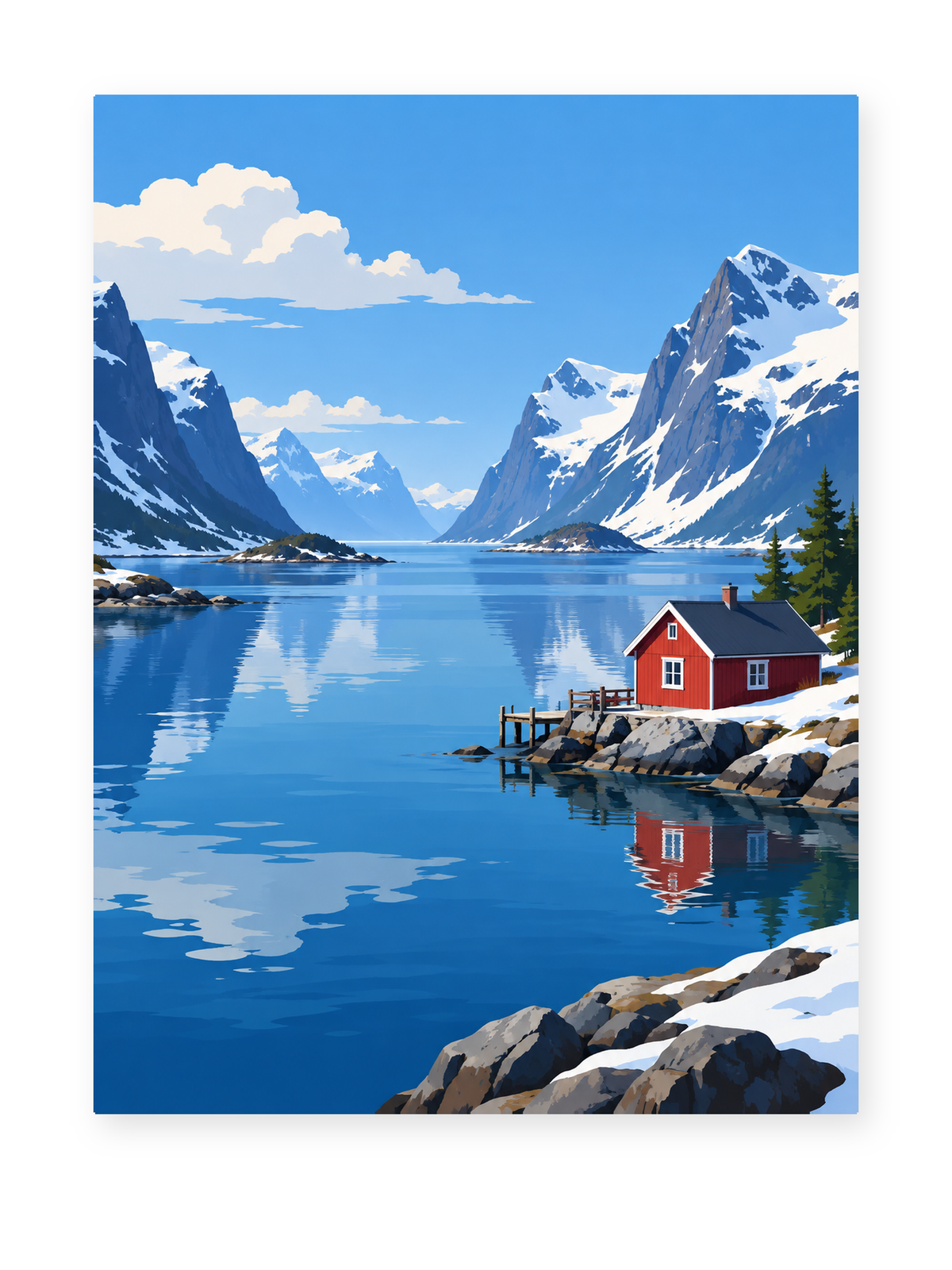 A red waterside cabin beside a still fjord and snow-covered mountains - coastal paint by numbers artwork