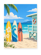 Three colorful surfboards beside a turquoise beach hut and tropical palms - coastal paint by numbers artwork