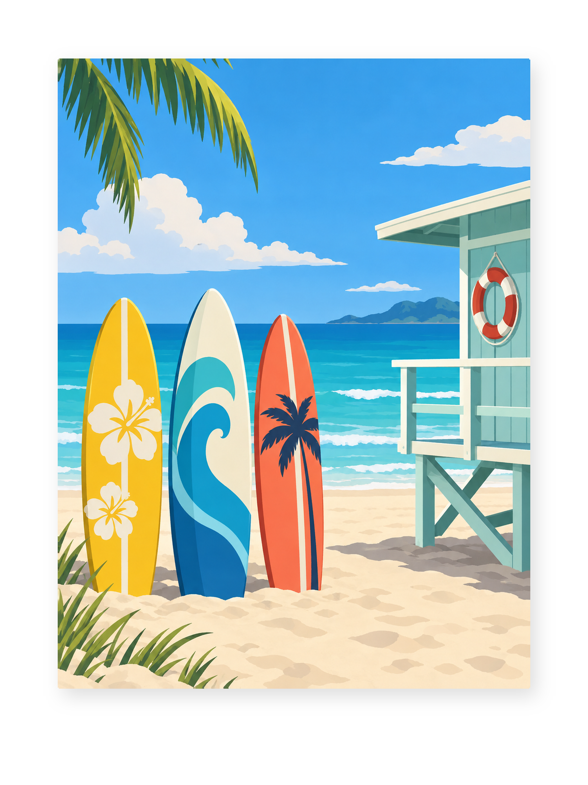 Three colorful surfboards beside a turquoise beach hut and tropical palms - coastal paint by numbers artwork