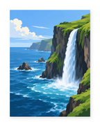 A waterfall cascading from a grassy cliff into the blue sea - coastal paint by numbers artwork