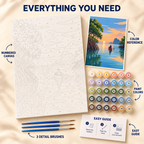 Mangrove Sunset paint by numbers kit showing numbered canvas, paint pots, three brushes, color reference and painting guide