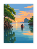 A lone paddler on calm water among mangrove roots at sunset - coastal paint by numbers artwork