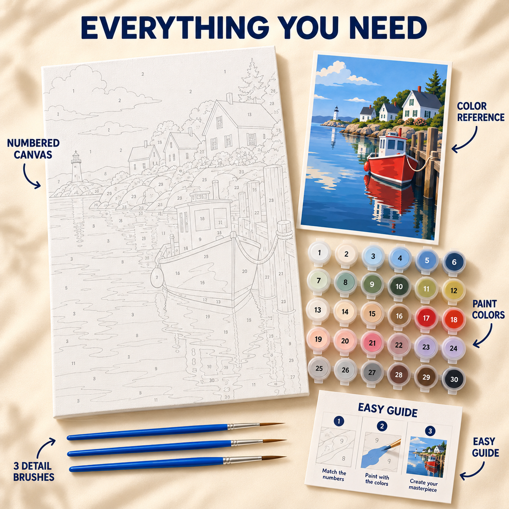 Harbor Morning paint by numbers kit showing numbered canvas, paint pots, three brushes, color reference and painting guide