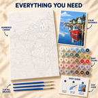 Harbor Morning paint by numbers kit showing numbered canvas, paint pots, three brushes, color reference and painting guide