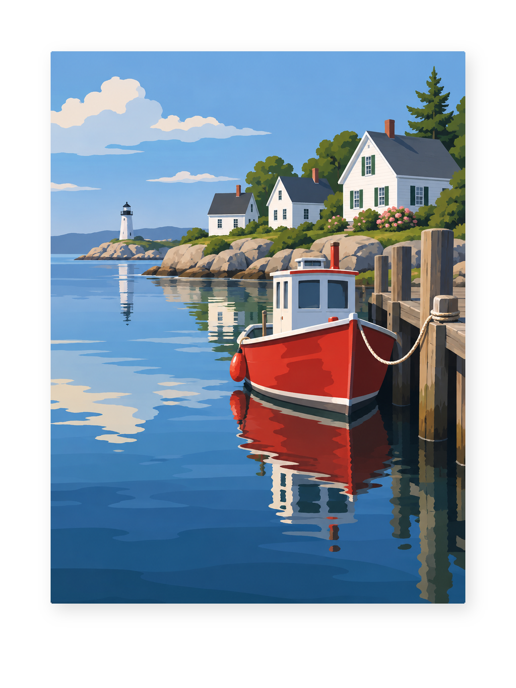 A red fishing boat moored beside white waterfront cottages in a peaceful harbor - coastal paint by numbers artwork