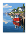 A red fishing boat moored beside white waterfront cottages in a peaceful harbor - coastal paint by numbers artwork