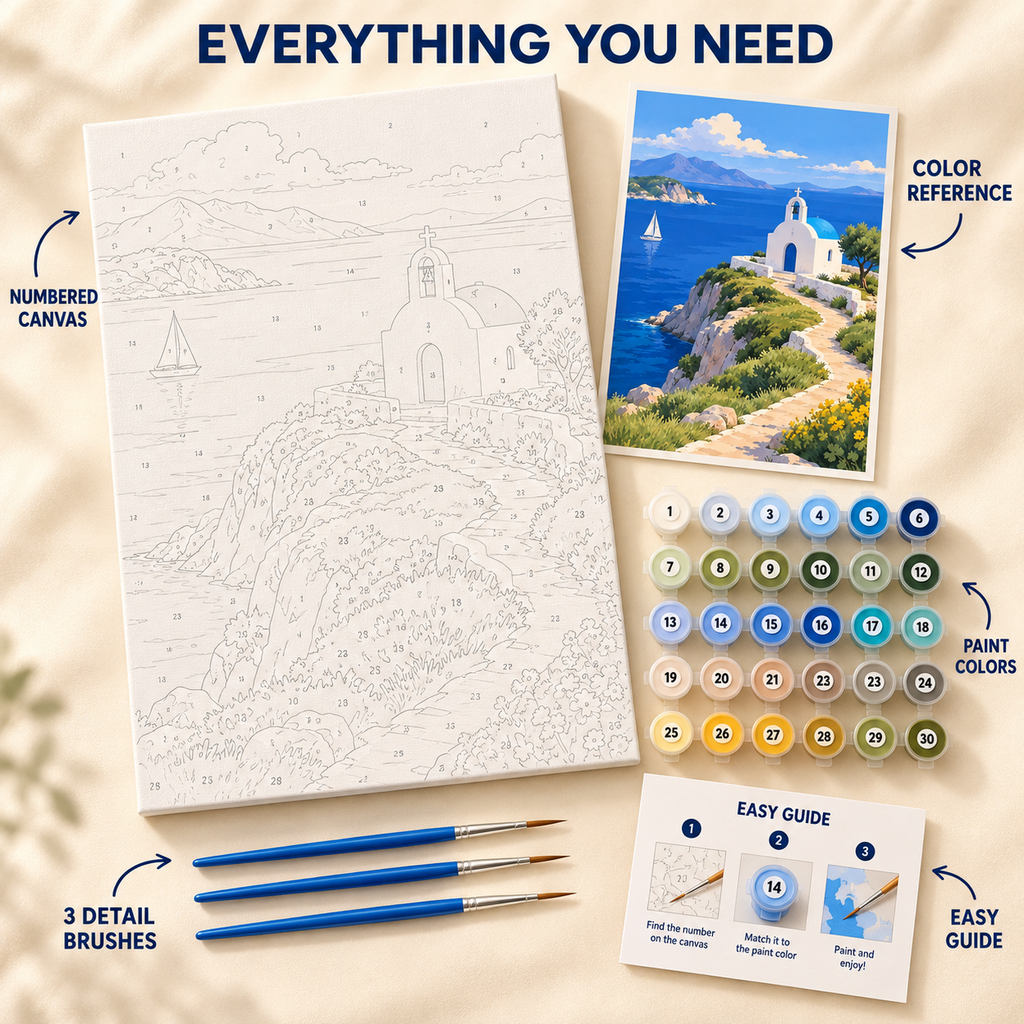 Aegean Chapel paint by numbers kit showing numbered canvas, paint pots, three brushes, color reference and painting guide